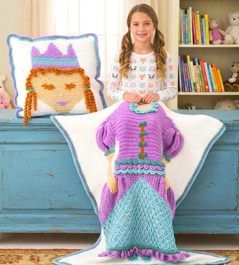 Modèle de couverture au crochet Nite Princess, ensemble couverture et oreiller pour bébé, décoration de chambre d'enfant, fil de laine peignée (PDF), cadeau au crochet facile pour enfants image 1