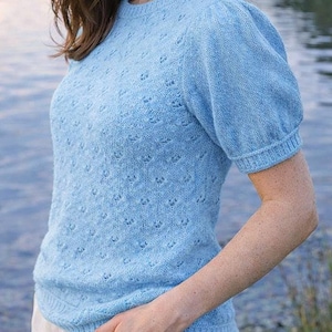 Knitted Lace Sweater Pattern PDF | Puff Sleeve Knit Sweater | Short Puffed Sleeve Top Sizes S–XXXL Instant Download