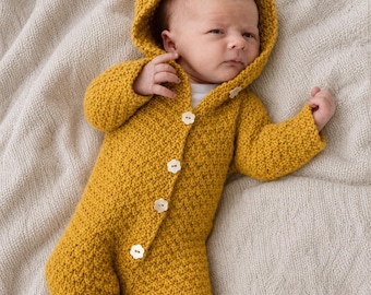 Knitted Baby Suit Pattern with Hood | Extra Fine Yarn | Premature to 4 Years | Textured Knit Romper PDF | Baby Onesie Pattern English