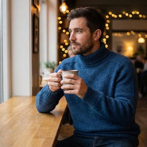 Puede incluir: Una persona con un suéter de cuello alto azul, sosteniendo una taza en un café. La persona mira por la ventana en un día lluvioso. El café tiene una barra de madera y una estantería en el fondo.