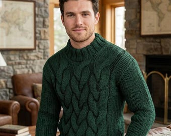 Mens Cable Knit Sweater Pattern Top Down, European Shoulder Jumper PDF, Diagonal Shoulder Knit, Double Neck Collar XS-XXXL