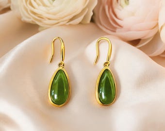 Natürliche Grüne Jade Ohrringe, 18K Vergoldetes Vintage Tropfen Baumeln, Handgemachter Orientalischer Schmuck, Einzigartiges Minimalistisches Edelstein Geschenk