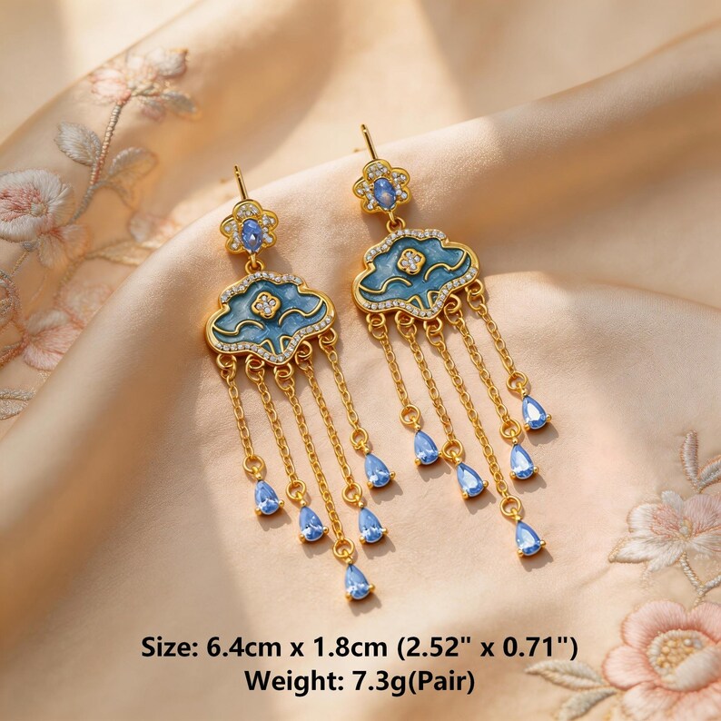 Artisan Ruyi Enamel Earrings, 18K Gold Plated Cloud Pattern Tassel ...