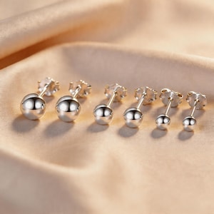 Solid S925 Silver Ball Studs | High Polish Minimalist Bead Earrings | Platinum Plated Jewelry for Sensitive Ears | Dainty Gift