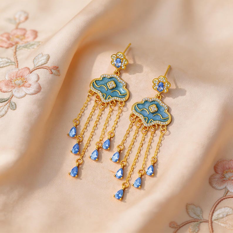 Artisan Ruyi Enamel Earrings, 18K Gold Plated Cloud Pattern Tassel ...