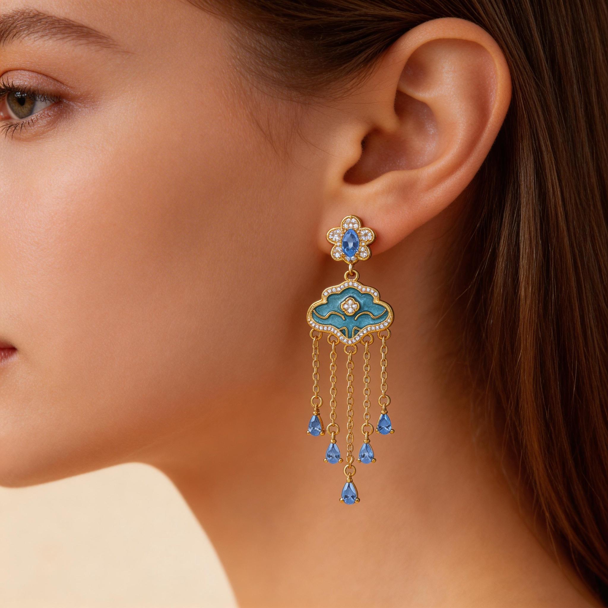 Artisan Ruyi Enamel Earrings, 18K Gold Plated Cloud Pattern Tassel ...