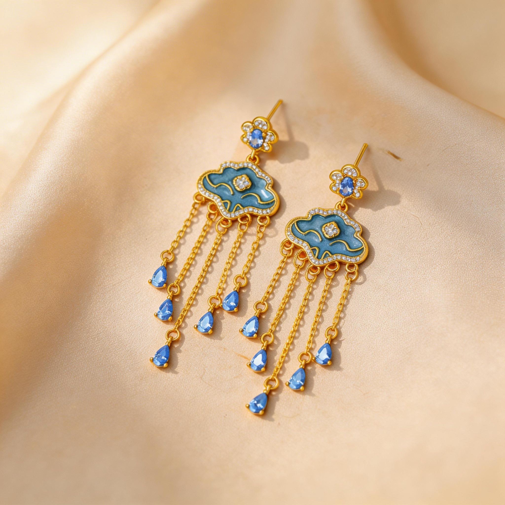 Artisan Ruyi Enamel Earrings, 18K Gold Plated Cloud Pattern Tassel ...