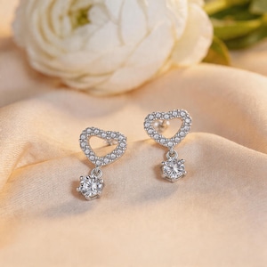 Solid S925 Silver Heart Drop Earrings, Pavé Heart with Dangling Stone, Five-Layer Platinum Plating, Dainty Gift for Her