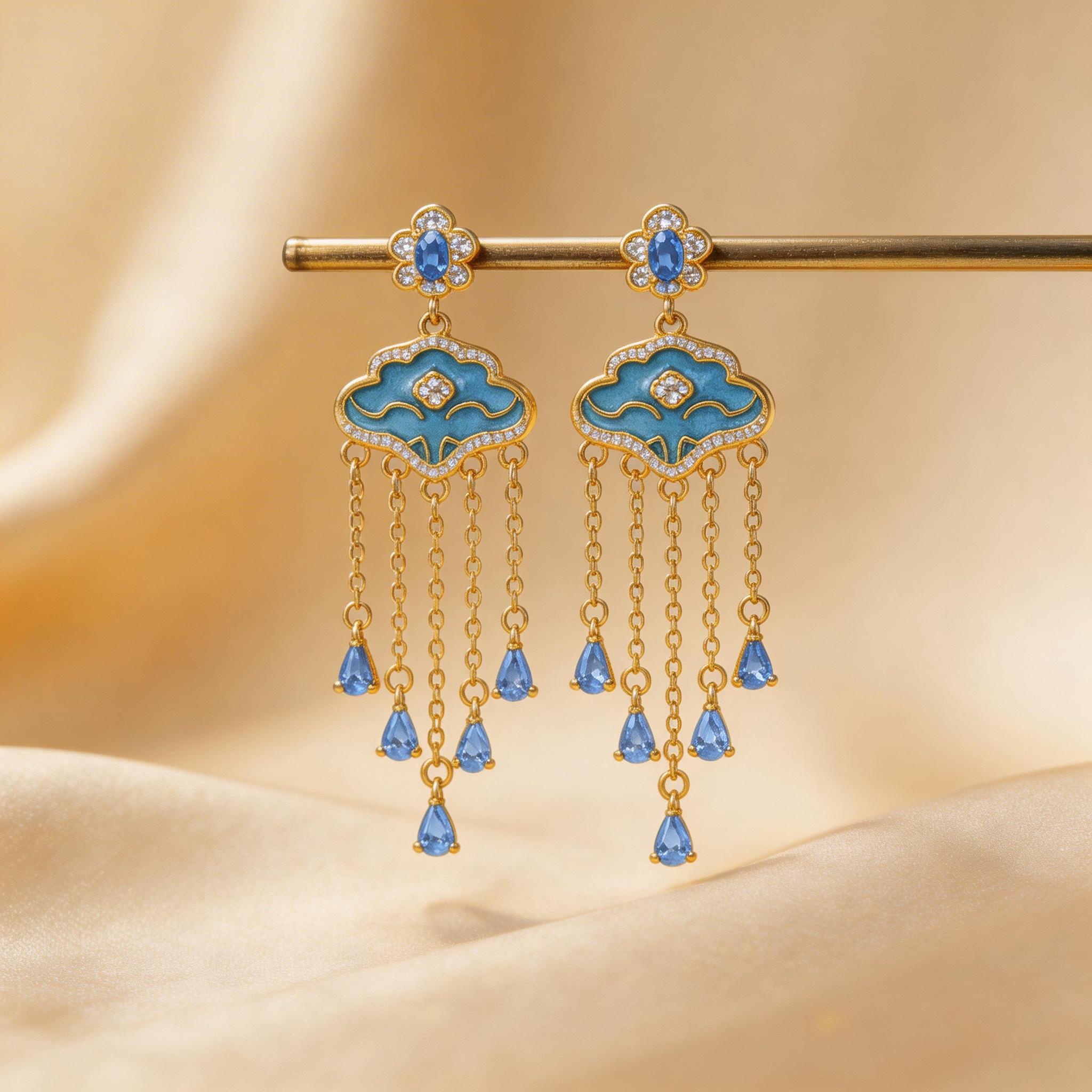 Artisan Ruyi Enamel Earrings, 18K Gold Plated Cloud Pattern Tassel ...