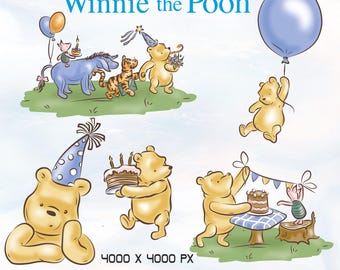 Vintage Winnie The Pooh Clipart Bundle, Birthday PNG (Digital Download)