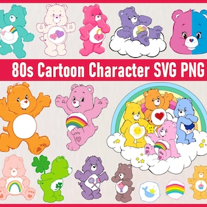 Op de afbeelding: Een verzameling kleurrijke cartoonbeerkarakters in verschillende poses. De beren zijn in tinten blauw, roze, oranje, paars, groen en geel. De afbeelding bevat de tekst "80s Cartoon Character SVG PNG" in witte letters op een rode achtergrond.