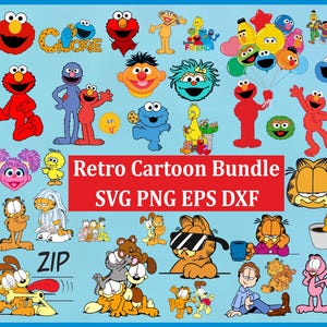 Può includere: Una collezione di grafiche di personaggi di cartoni animati retrò, tra cui Elmo, Cookie Monster e Garfield, disposti su uno sfondo azzurro. Il testo "Retro Cartoon Bundle" è visualizzato in un rettangolo rosso, con abbreviazioni del tipo di file.
