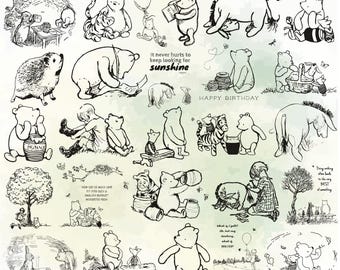 Paquete de más de 125 SVG de contorno clásico de Winnie the Pooh, clip art vintage de Winnie the Pooh, SVG de oso Pooh