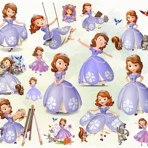 May include: A collection of cartoon illustrations featuring a princess in a purple dress with white floral accents. The princess is depicted in various poses, with a tiara, and surrounded by animals and accessories.