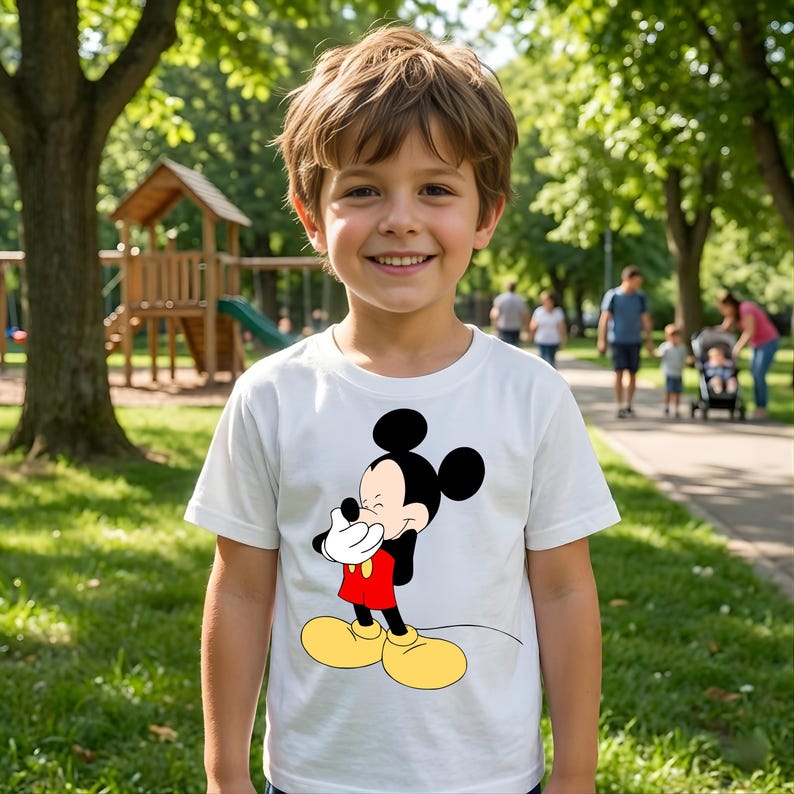 Puede incluir: Una camiseta blanca con un personaje de dibujos animados de Mickey Mouse sonriendo. El dibujo animado tiene orejas negras, una cara negra, una camisa roja, zapatos amarillos y guantes blancos. La camiseta la lleva un ni&ntilde;o en un parque.
