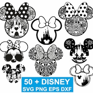 Puede incluir: Una colección de diseños en blanco y negro con temática de Disney que presentan siluetas de Mickey y Minnie Mouse. Los diseños incluyen escenas de castillos, lunares y patrones intrincados. La imagen también incluye el texto "50 + DISNEY SVG PNG EPS DXF".