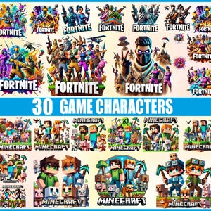 以下が含まれることがあります： ビデオゲームFortniteとMinecraftのキャラクターが登場する、カラフルなイラストのコレクション。Fortniteの画像は武器を持った様々なキャラクターを、Minecraftの画像は動物と一緒にブロック状のキャラクターを描いています。「30 GAME CHARACTERS」と書かれたテキスト。