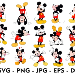 Puede incluir: Una colecci&oacute;n de ilustraciones de dibujos animados de Mickey Mouse en varias poses. Mickey se representa con su atuendo cl&aacute;sico: pantalones cortos rojos, zapatos amarillos y guantes blancos. La imagen incluye el texto "SVG - PNG - JPG - EPS - DXF".