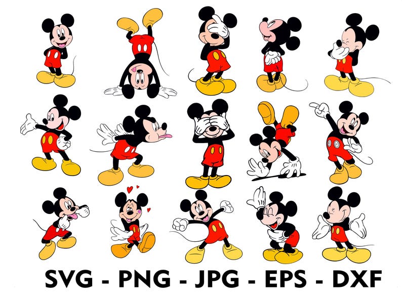 Puede incluir: Una colecci&oacute;n de ilustraciones de dibujos animados de Mickey Mouse en varias poses. Mickey se representa con su atuendo cl&aacute;sico: pantalones cortos rojos, zapatos amarillos y guantes blancos. La imagen incluye el texto "SVG - PNG - JPG - EPS - DXF".