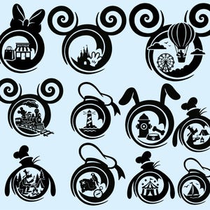 May include: A series of black silhouette designs in the shape of iconic cartoon character heads. Each design incorporates themed elements including a boutique, castle, hot air balloon, train, lighthouse, dog bowl, campfire, map, circus tent, and sailboat.