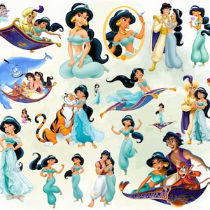 May include: A collection of illustrations featuring a princess in various poses. The princess is depicted with long black hair, wearing teal and turquoise outfits. Some illustrations include a tiger, a magic carpet, and a male character.