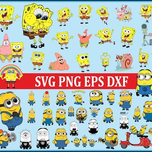 May include: A collection of cartoon character graphics, including SpongeBob SquarePants and Minions, in various poses. The image features a red banner with the text "SVG PNG EPS DXF" on a light blue background. The characters are in yellow, blue, and pink.