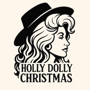 以下が含まれることがあります： 帽子をかぶった女性の横顔の白黒グラフィック。カールした髪。テキスト「HOLLY DOLLY CHRISTMAS」が画像の下にあります。デザインはクリーム色の背景にあります。