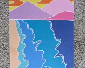 A4 mountain, sea, sky colourful print