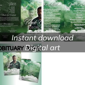 May include: Digital art obituary template with a green and white design. The design includes a photo of a man, the text "Uncle George", and dates. The words "Instant download" and "Digital art" are also visible.