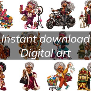 May include: A collection of twelve digital illustrations featuring a stylized older character with gray hair in various activities, including crafting, motorcycling, shopping, and relaxing, presented in a grid layout with the text Instant download Digital art.