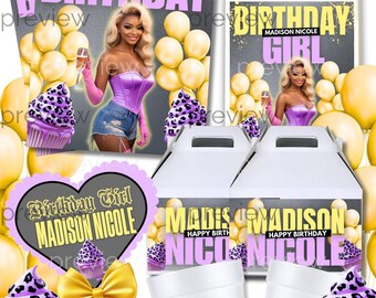 May include: A birthday party bundle featuring invitations, gift boxes, and stickers. The design includes a woman in a corset, balloons, cupcakes, and the text "It's My Birthday" and "Birthday Girl Madison Nicole". The color scheme is purple, yellow, and black.