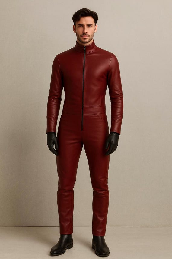 Red Sheepskin Leather Jumpsuit | Handmade Slim Fit Catsuit for Men.