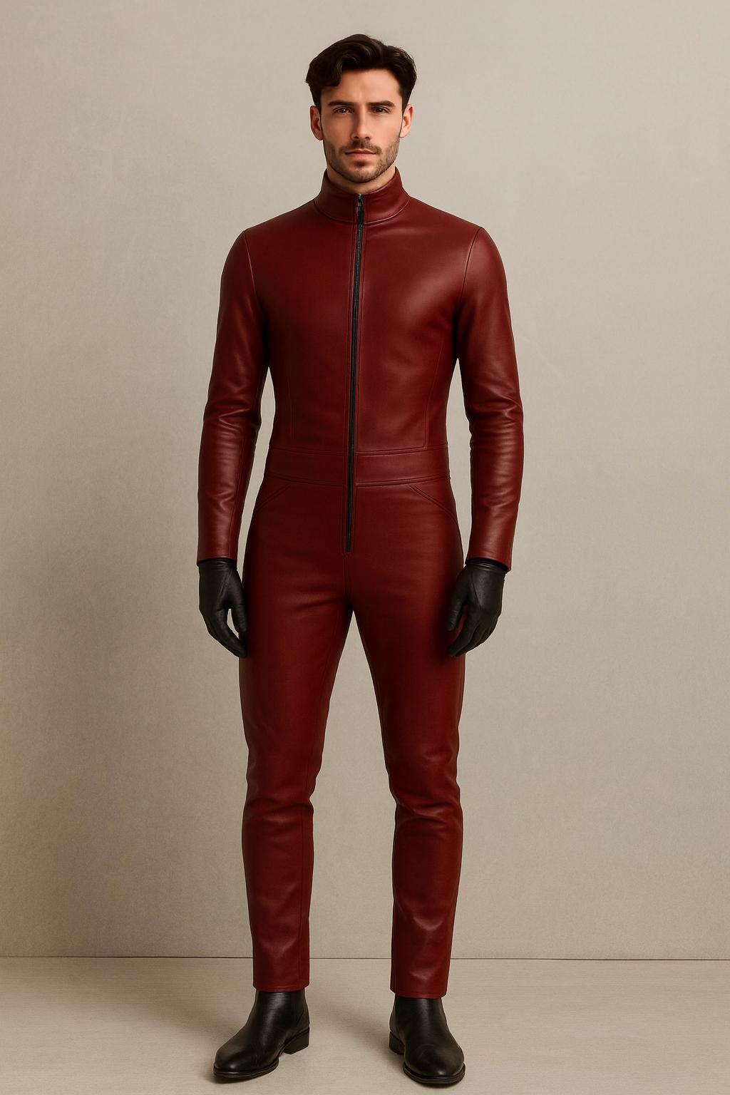 Tuta Intera Uomo In Vera Pelle Di Pecora Rossa - Zip Anteriore - Catsuit Personalizzata S-4XL