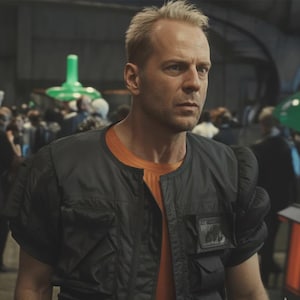 May include: A man in a black vest with padded shoulders and pockets, worn over an orange top. The man has fair hair and is looking to the side. The background is blurred, with other people and green objects visible in a large hall.