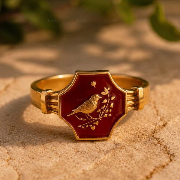 Red Enamel Bird Signet Ring, Vintage Gold Statement Ring, Nature Inspired Artisan Jewelry, Unique Gift for Women