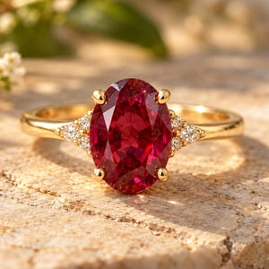 Puede incluir: Un anillo de oro con una gran piedra preciosa de color rojo intenso y corte ovalado, sujeta por cuatro garras. La banda está hecha de oro amarillo pulido e incluye tres pequeñas piedras redondas y transparentes a cada lado.
