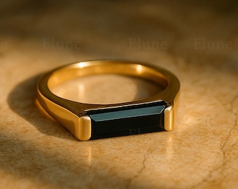 Black Onyx Baguette Ring • Minimalist Gold Stacking Band
