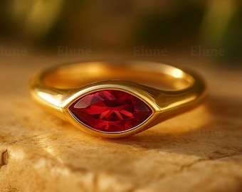 Marquise Ruby Engagement Ring, Bezel Set Ruby Solitaire Ring, July Birthstone Gold Promise Ring, Handmade Gift for Her
