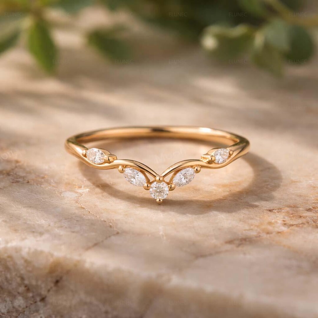 Marquise Cut Moissanite Curved Wedding Band Unique Yellow Gold Diamond ...