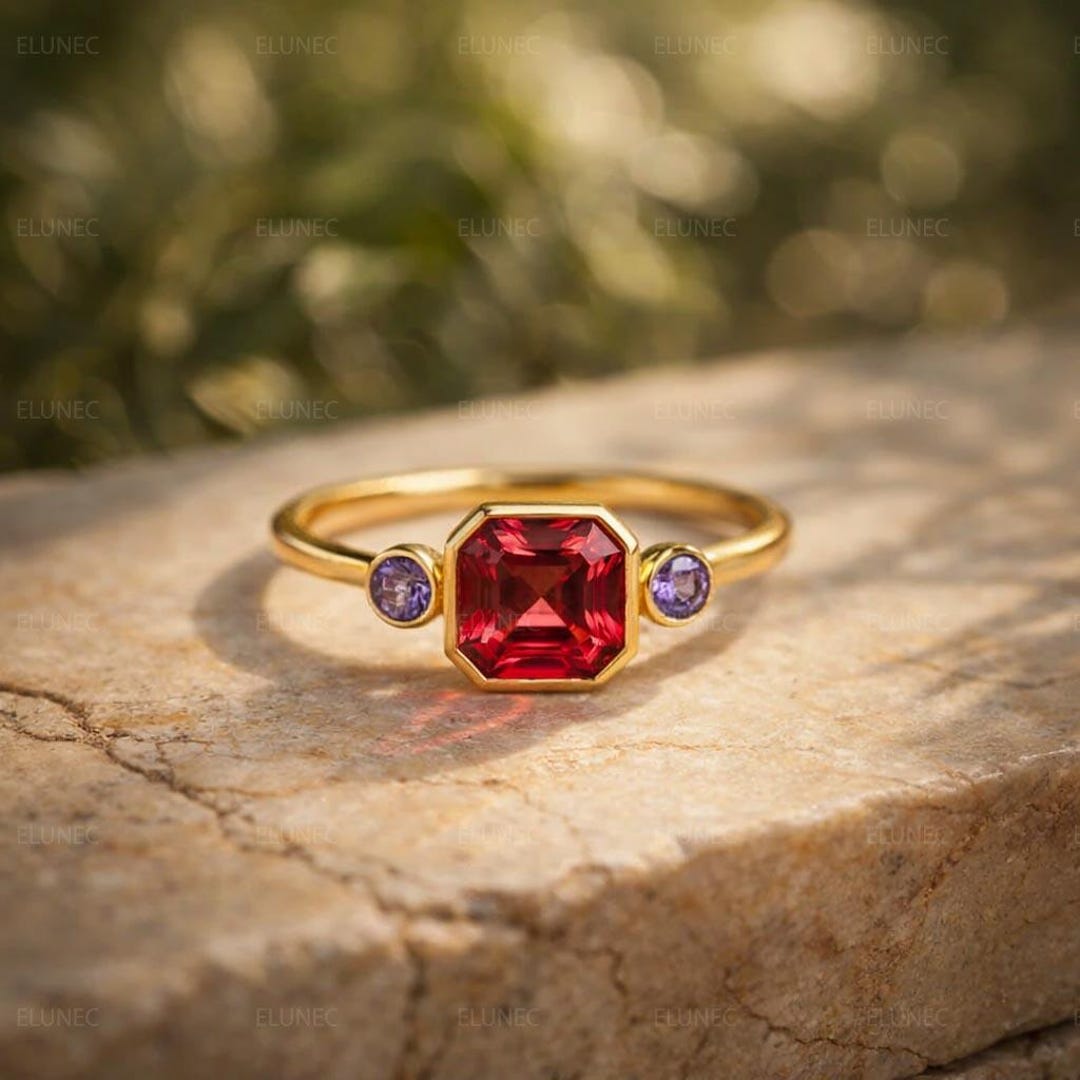 Asscher Cut Ruby Ring • Vintage Gold Engagement Ring With Amethyst - Etsy