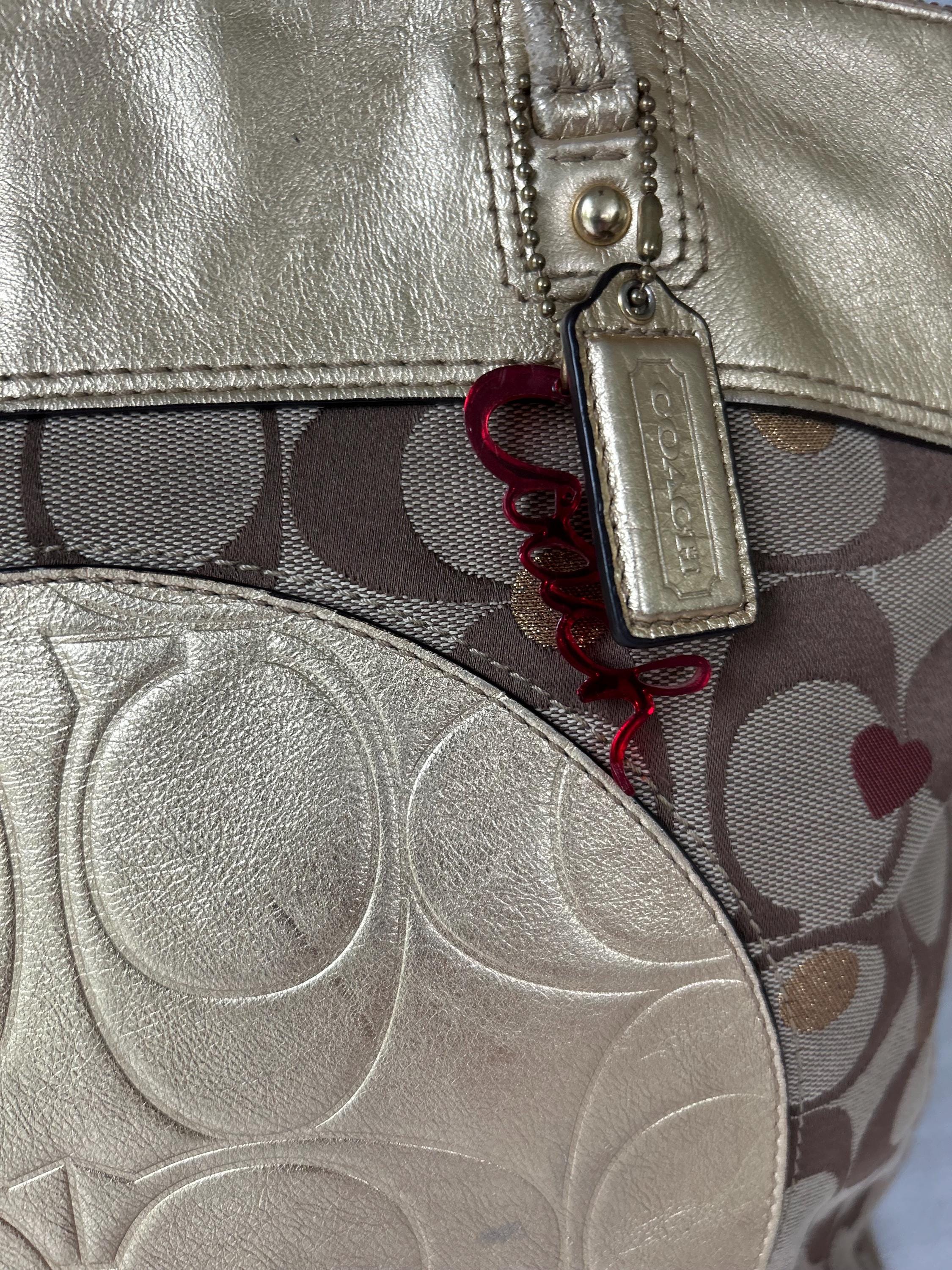 Coach Poppy Signature Canvas Heart Print Tote Bag Gold Metallic