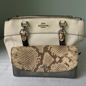 Coach Chalk Ivory Leather Satchel & Wallet Set Genuine Snake Python Trim Silver Hardware Vintage Designer Handbag Purse Gift