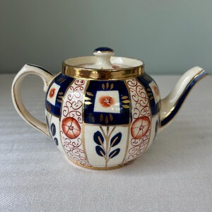Antique Gaudy Welsh Style Imari Teapot Made in England Cobalt Blue Rust Gold Hand Painted Small Vintage English Pottery Tea Pot