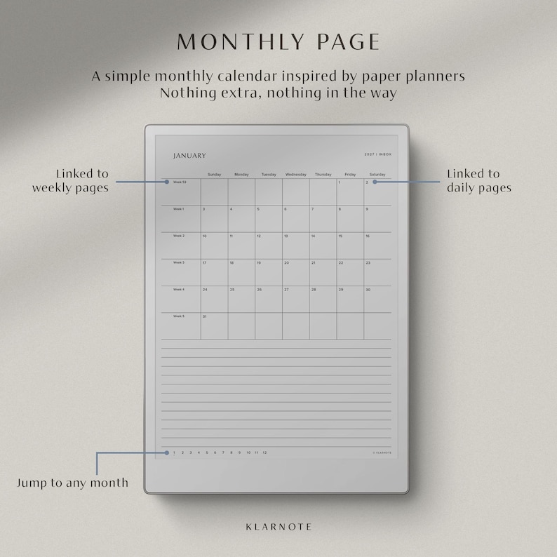 2027 monthly calendar planner for reMarkable Paper Pro, minimalist hyperlinked planner template