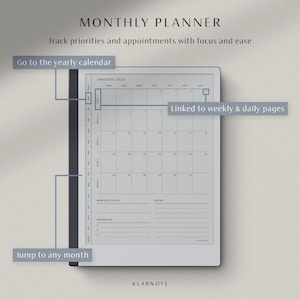 May include: A digital monthly planner with the text "MONTHLY PLANNER" and "Track priorities and appointments with focus and ease." The planner shows a January 2026 calendar, with sections for monthly focus, notes, and priorities. The brand name "KLARNOTE" is at the bottom.