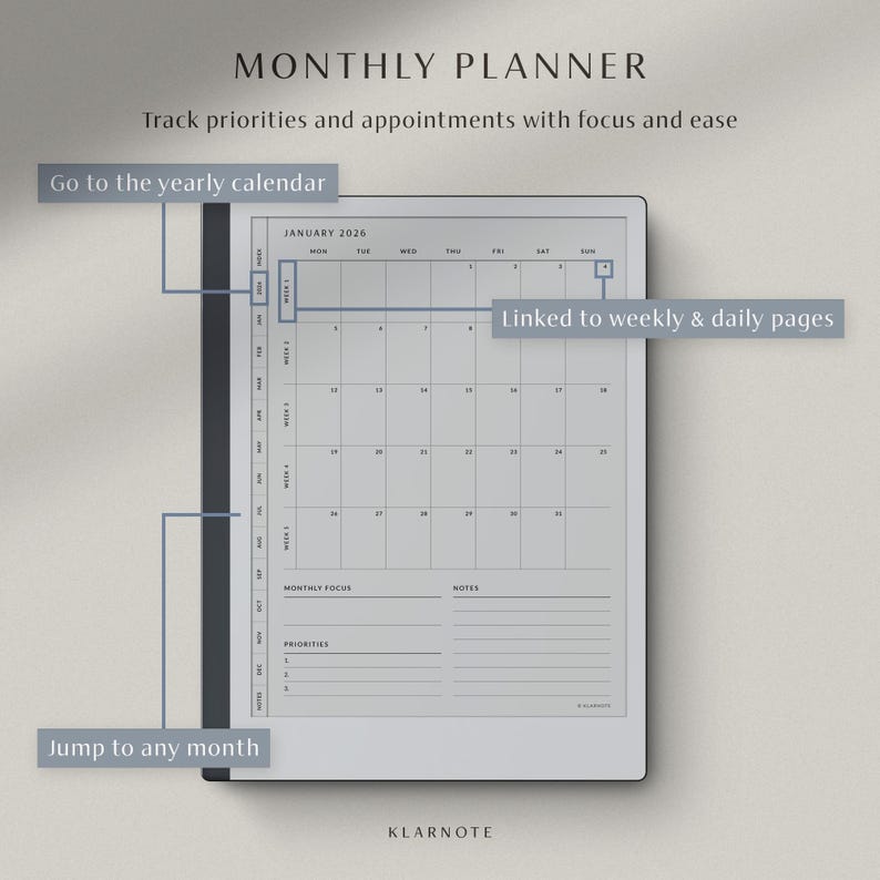 May include: A digital monthly planner with the text "MONTHLY PLANNER" and "Track priorities and appointments with focus and ease." The planner shows a January 2026 calendar, with sections for monthly focus, notes, and priorities. The brand name "KLARNOTE" is at the bottom.