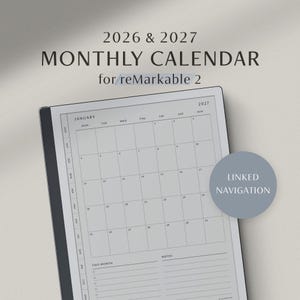 Puede incluir: Calendario mensual digital para reMarkable 2, que muestra enero de 2027. El calendario presenta un diseño de cuadrícula con navegación vinculada y está diseñado para los años 2026 y 2027. El diseño es minimalista con un esquema de color gris claro.