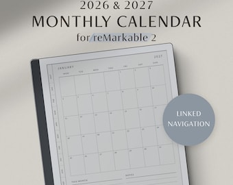 reMarkable 2 Calendar, 2026 2027 Monthly Planner, Minimalist Hyperlinked Template, Monday & Sunday Start