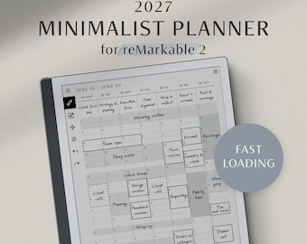 May include: A digital planner for reMarkable 2 tablets titled 2027 MINIMALIST PLANNER. The screen displays a weekly calendar grid from June 14 to June 20 with handwritten tasks like Team sync, Deep work, and Client calls. A blue circle says FAST LOADING.