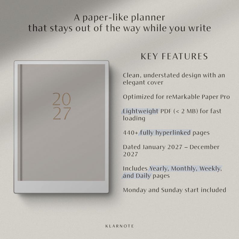 hyperlinked 2027 planner for reMarkable Paper Pro with daily, weekly, and monthly navigation